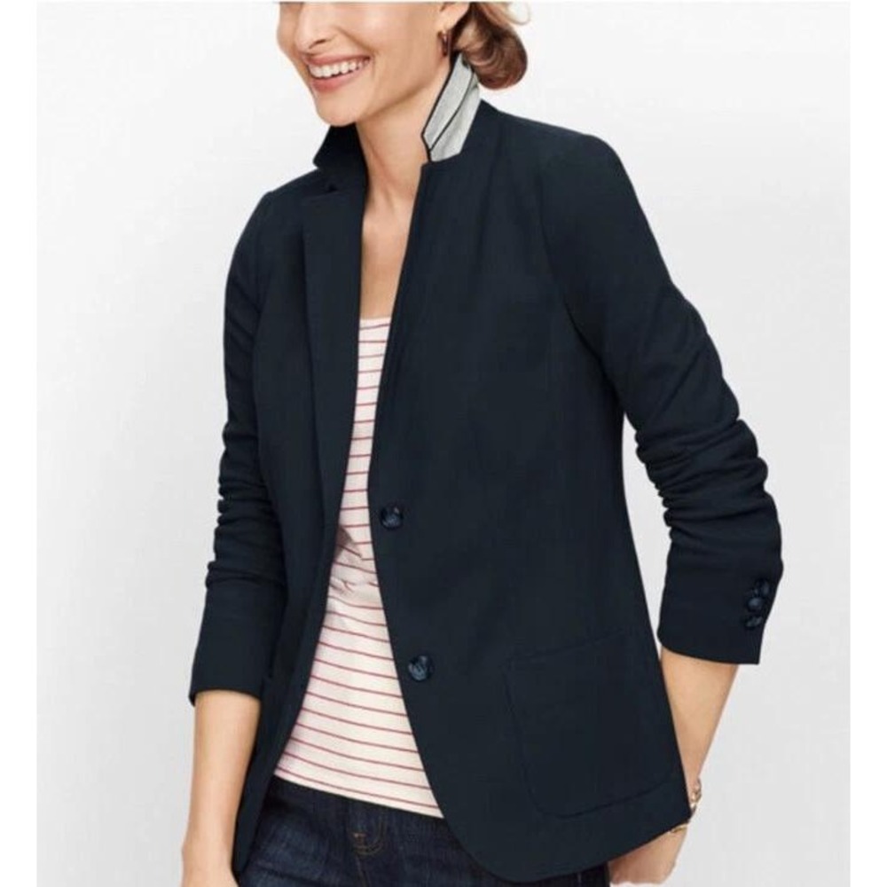 Talbots Aberdeen 12 Navy Blue Pique Knit Blazer Jacket Cotton Blend Stretch